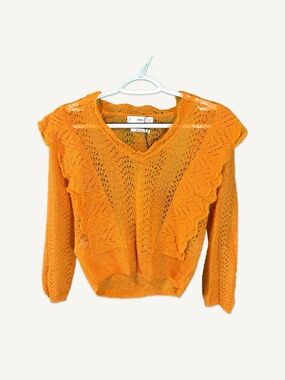 Mango Burnt Orange Knit Sweater Ruffle V Neck Lightweight XS